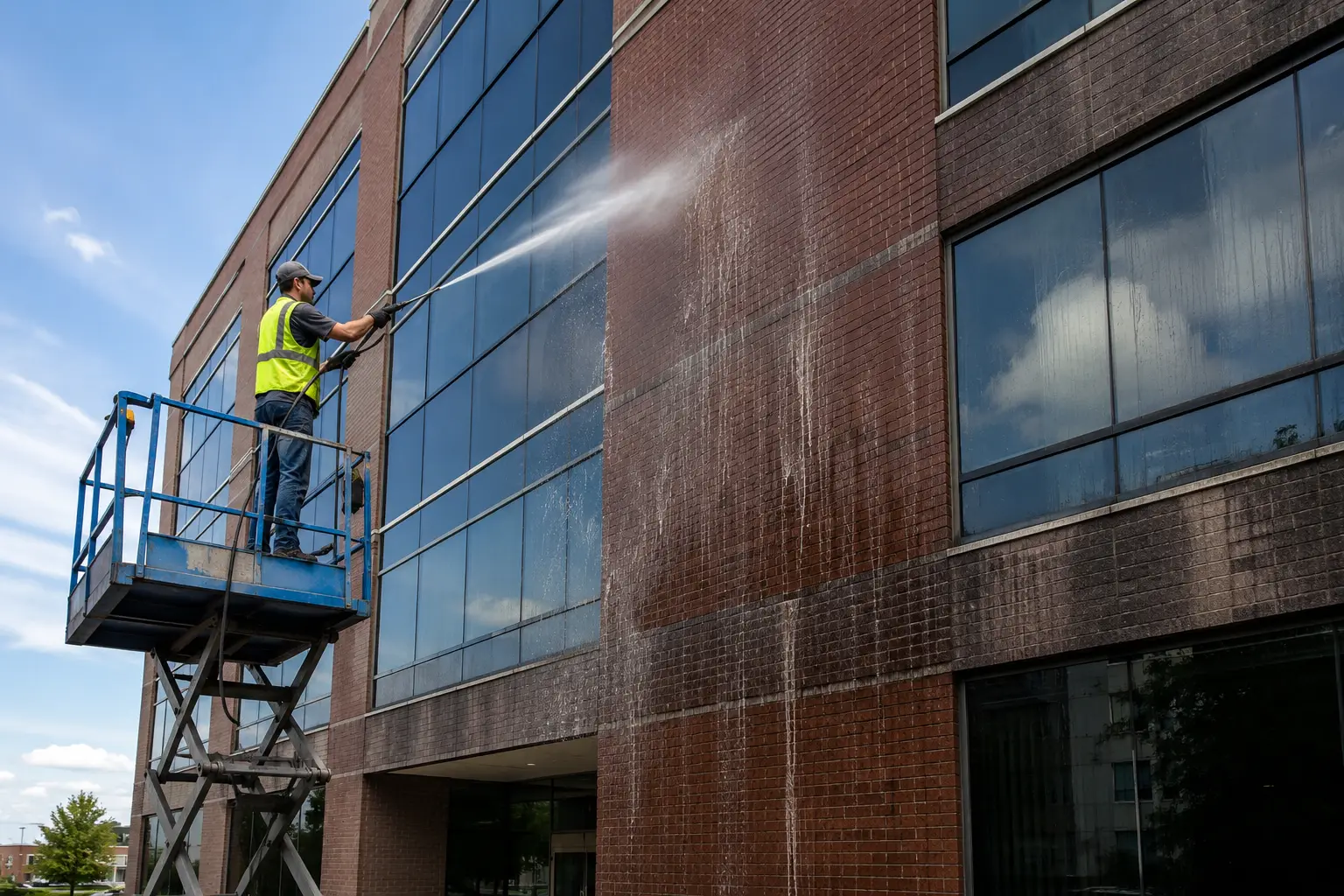 ITK-medewerker reinigt de gevel van een bedrijfspand in Twente